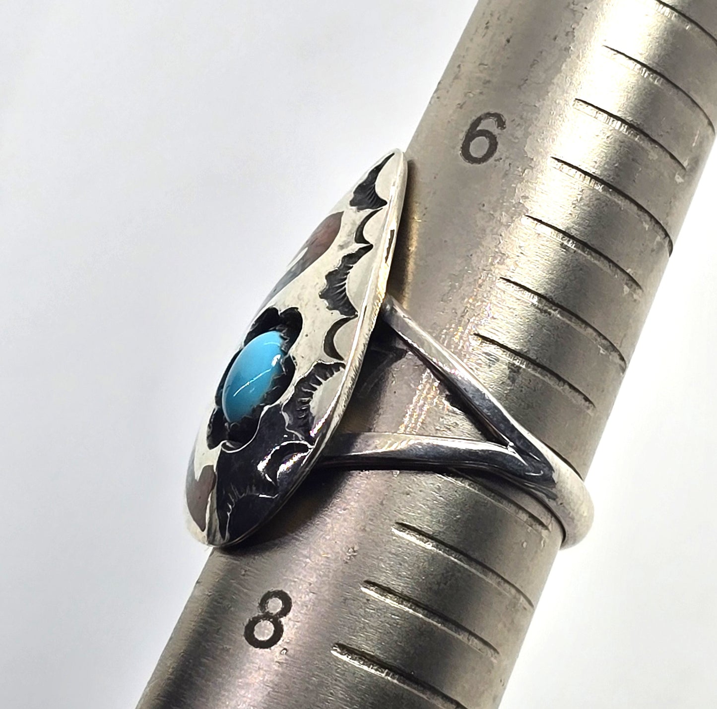 Turquoise Coral Snake inlay concho Native American signed sterling silver ring size 7