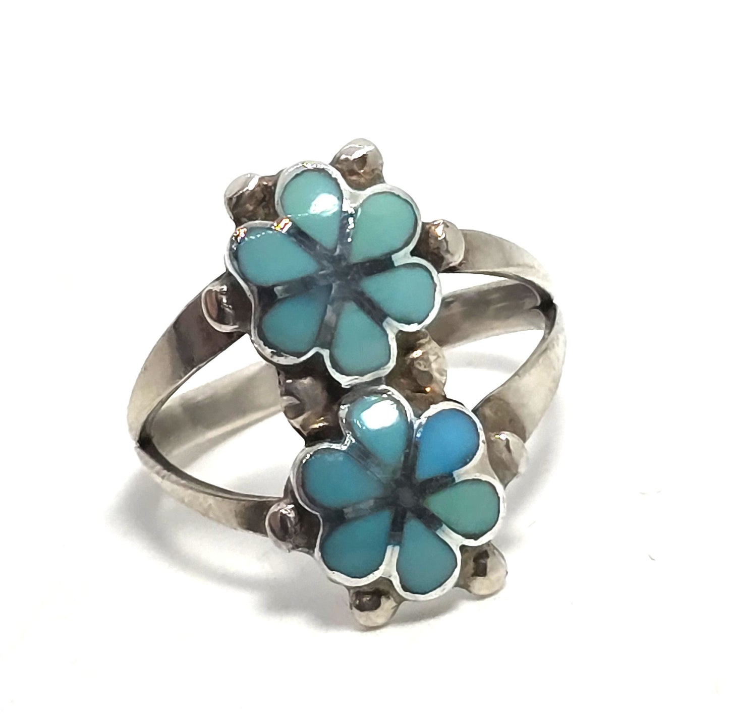 Zuni double flower Native American Sterling Silver Turquoise Cluster Ring Size 8