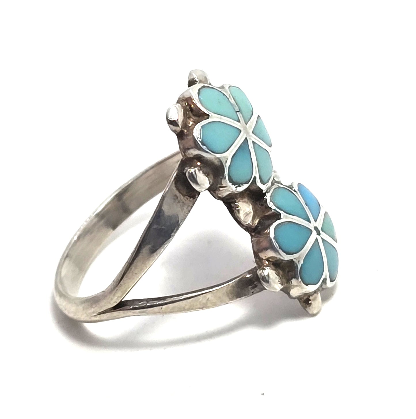 Zuni double flower Native American Sterling Silver Turquoise Cluster Ring Size 8