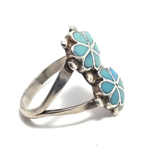 Zuni double flower Native American Sterling Silver Turquoise Cluster Ring Size 8