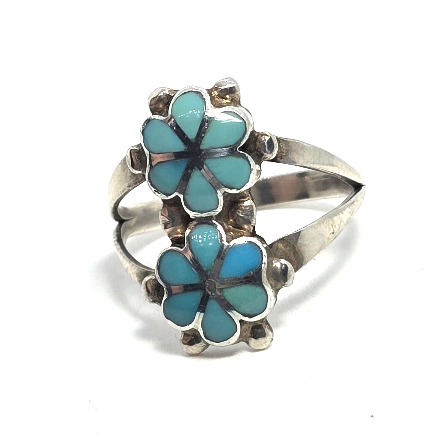 Zuni double flower Native American Sterling Silver Turquoise Cluster Ring Size 8