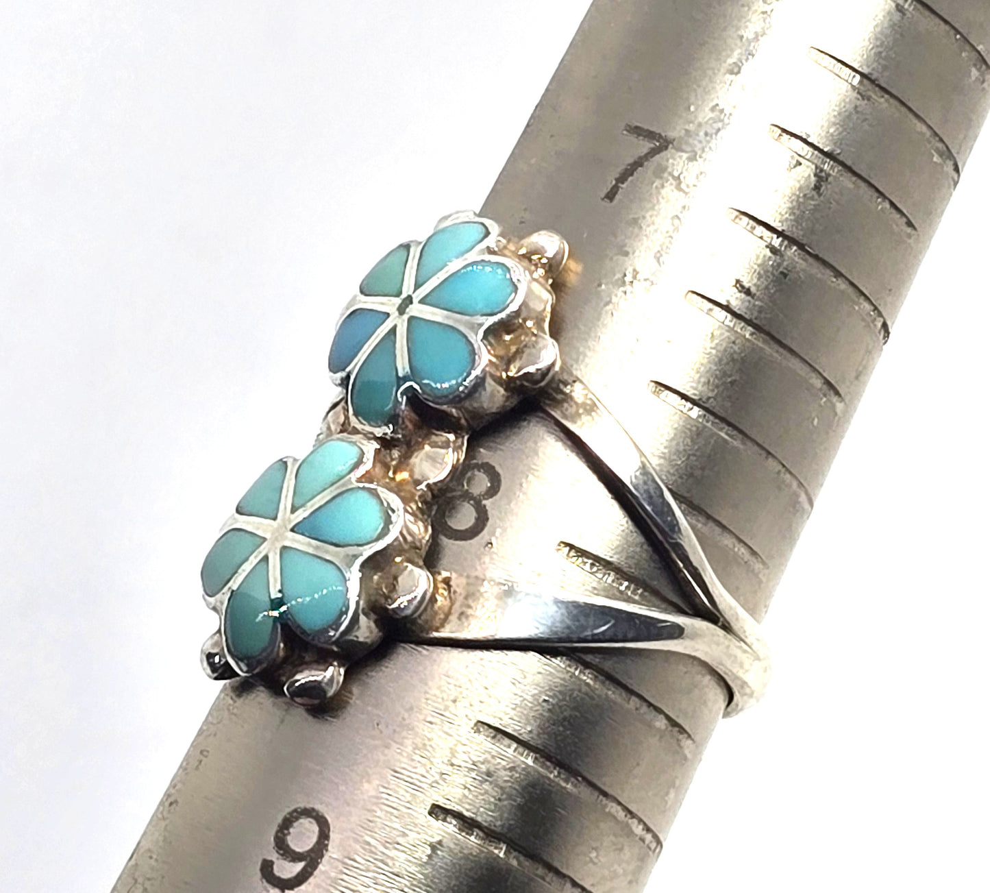 Zuni double flower Native American Sterling Silver Turquoise Cluster Ring Size 8