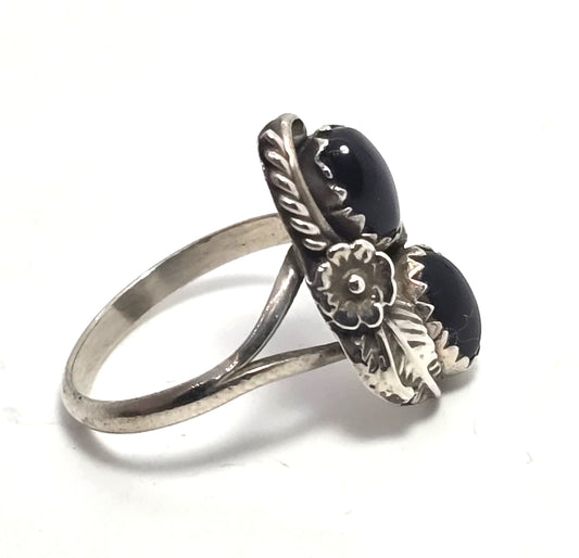 Navajo Double Black Onyx Feather sterling silver NA vintage ring size 5.5
