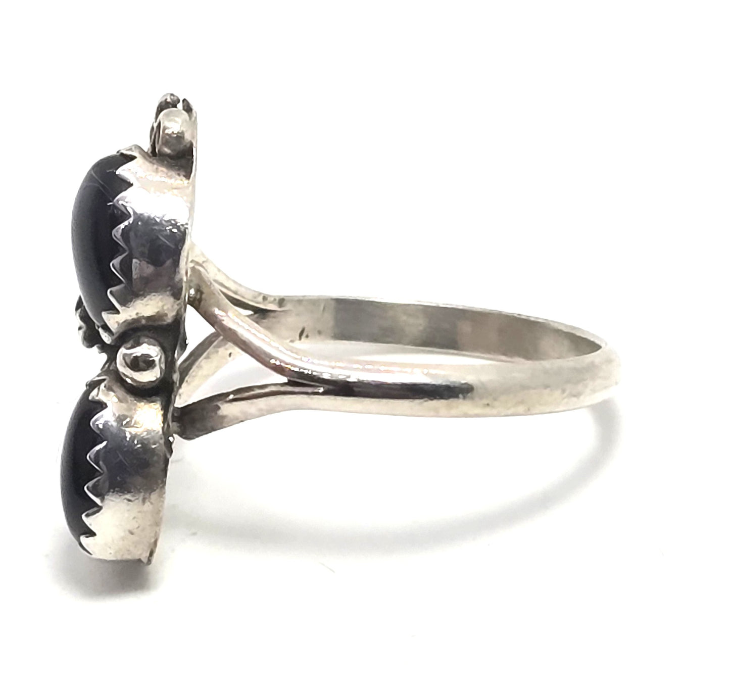 Navajo Double Black Onyx Feather sterling silver NA vintage ring size 5.5