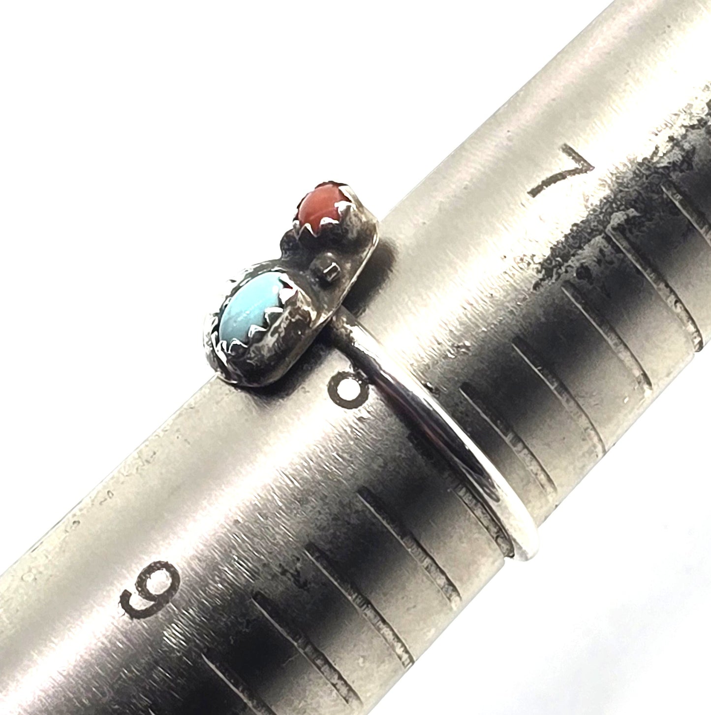Turquoise Red coral small petite Navajo vintage sterling silver ring size 8