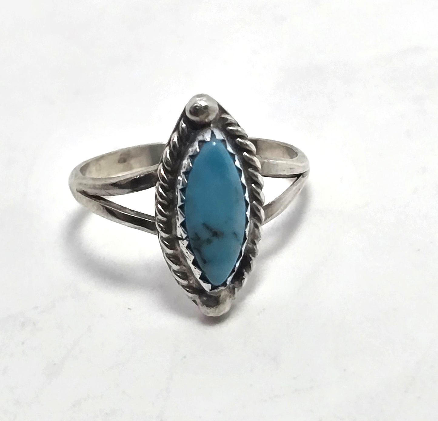 Marquis turquoise Native American D signed vintage Sterling Silver ring size 5.5