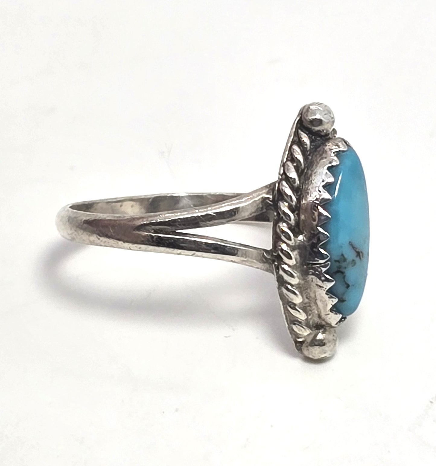 Marquis turquoise Native American D signed vintage Sterling Silver ring size 5.5