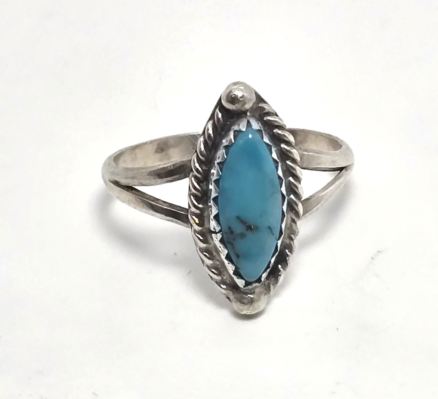 Marquis turquoise Native American D signed vintage Sterling Silver ring size 5.5