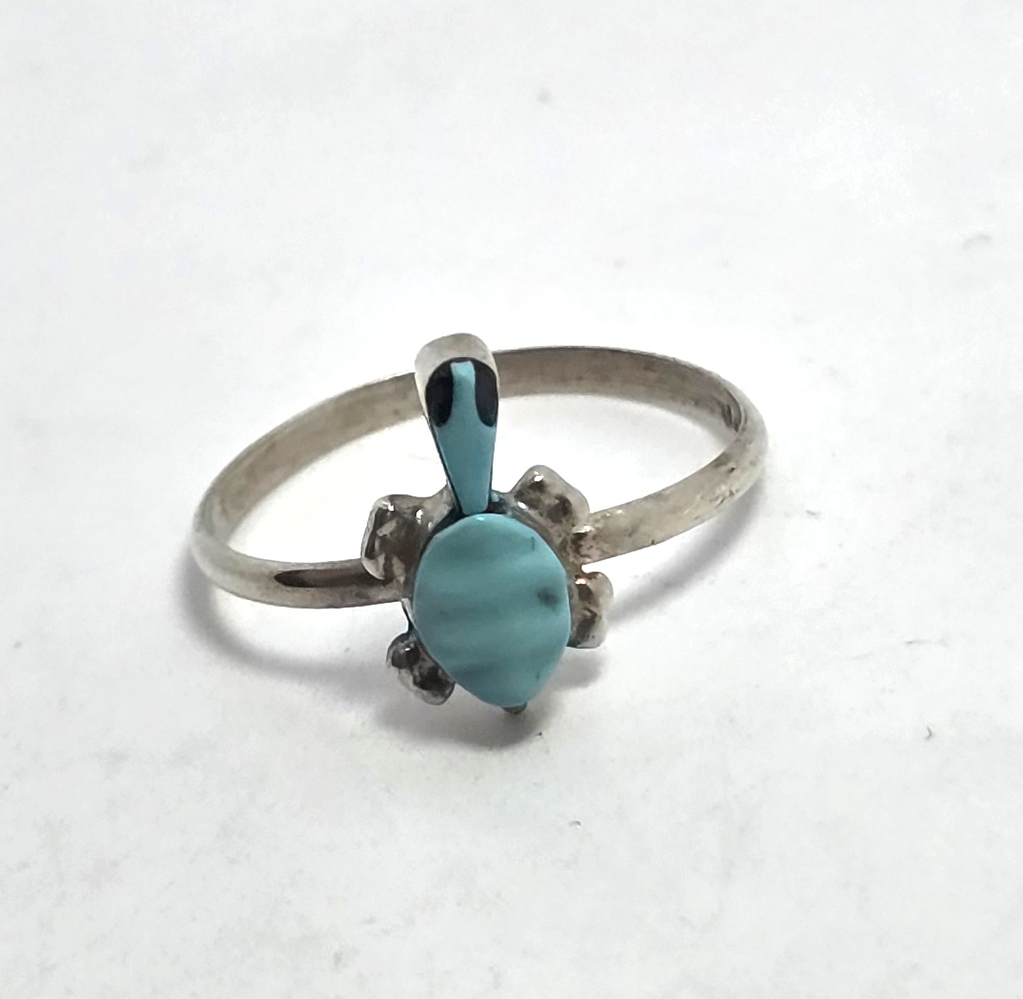 Block turquoise carved small turtle vintage Sterling Silver ring size 7.5