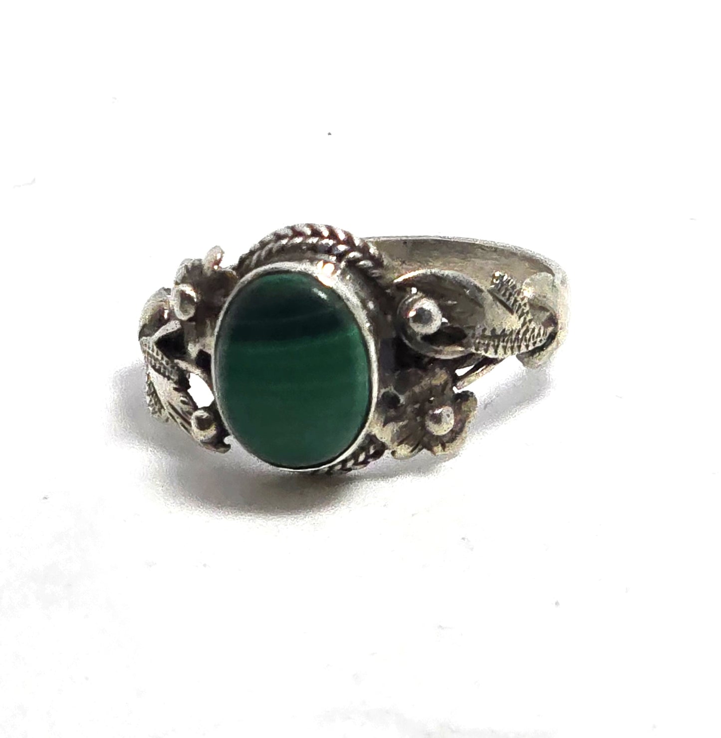 Malachite Southwestern flowers vintage sterling silver ring size 7.5