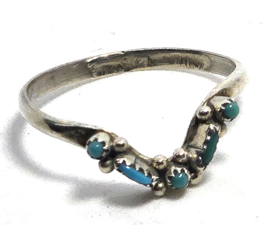 Zuni 5 Stone Turquoise Crown petite point vintage Sterling Silver ring size 7.5