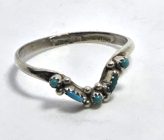 Zuni 5 Stone Turquoise Crown petite point vintage Sterling Silver ring size 7.5