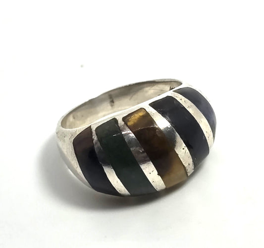 Multi Gemstone Inlay Domed Taxco Mexico 925 Sterling Silver vintage ring size 7