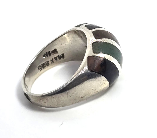 Multi Gemstone Inlay Domed Taxco Mexico 925 Sterling Silver vintage ring size 7