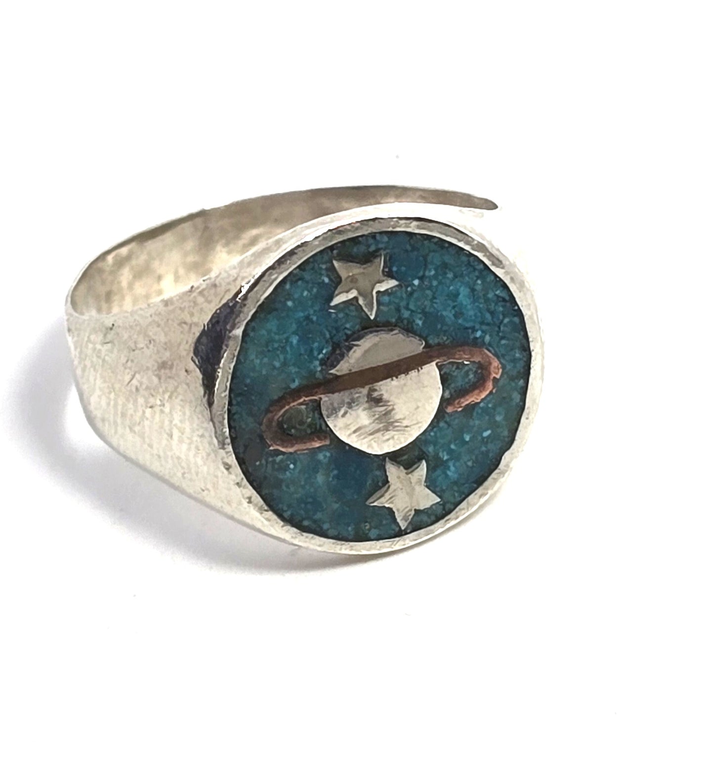 Saturn celestial Turquoise Inlay Planet sterling silver Mexico FFF vintage ring size 9