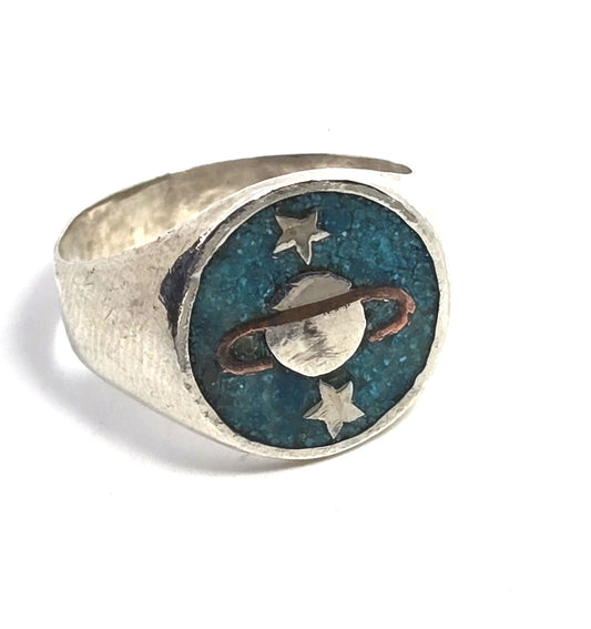Saturn celestial Turquoise Inlay Planet sterling silver Mexico FFF vintage ring size 9