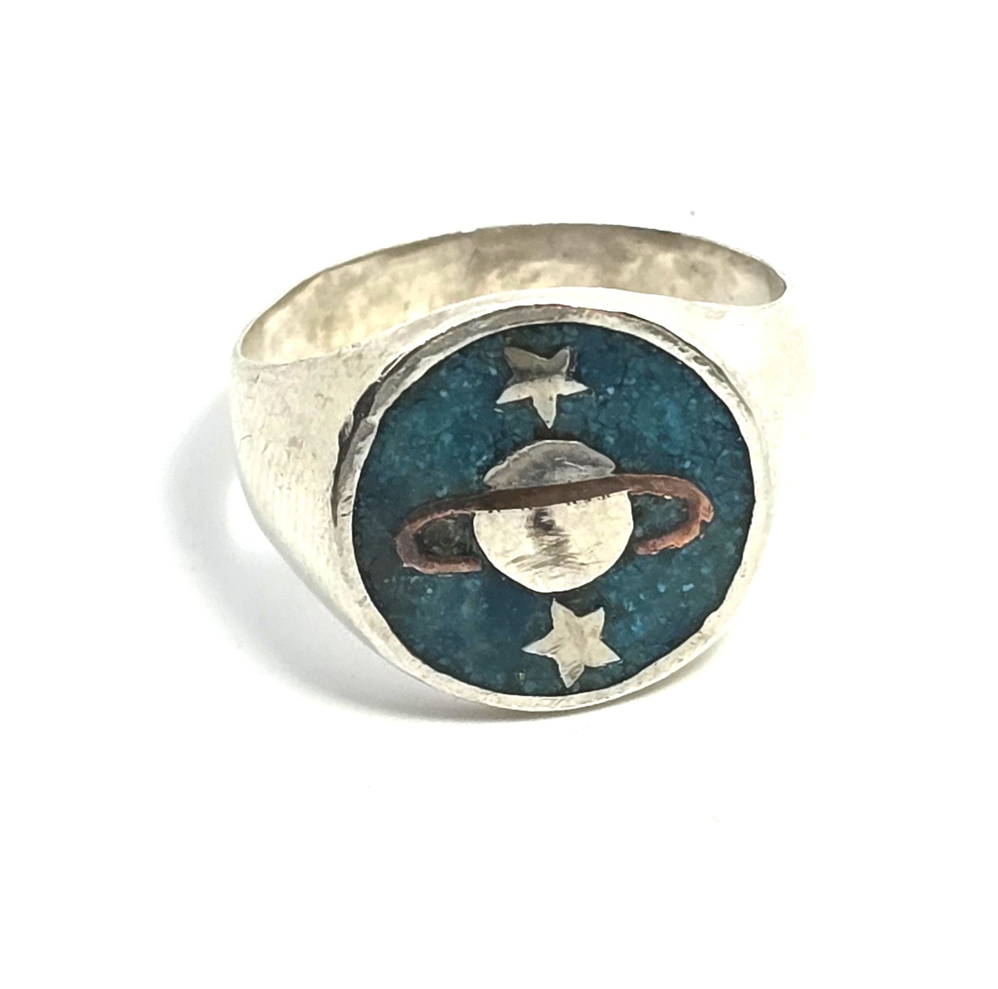 Saturn celestial Turquoise Inlay Planet sterling silver Mexico FFF vintage ring size 9