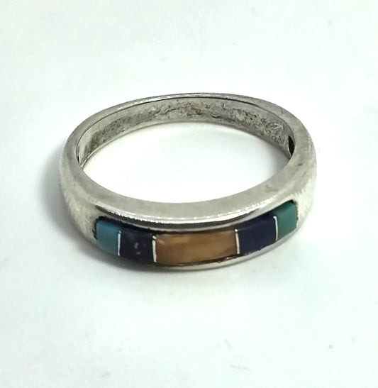 Multi Gemstone Inlay DWJC 925 Sterling Silver vintage ring band size 7