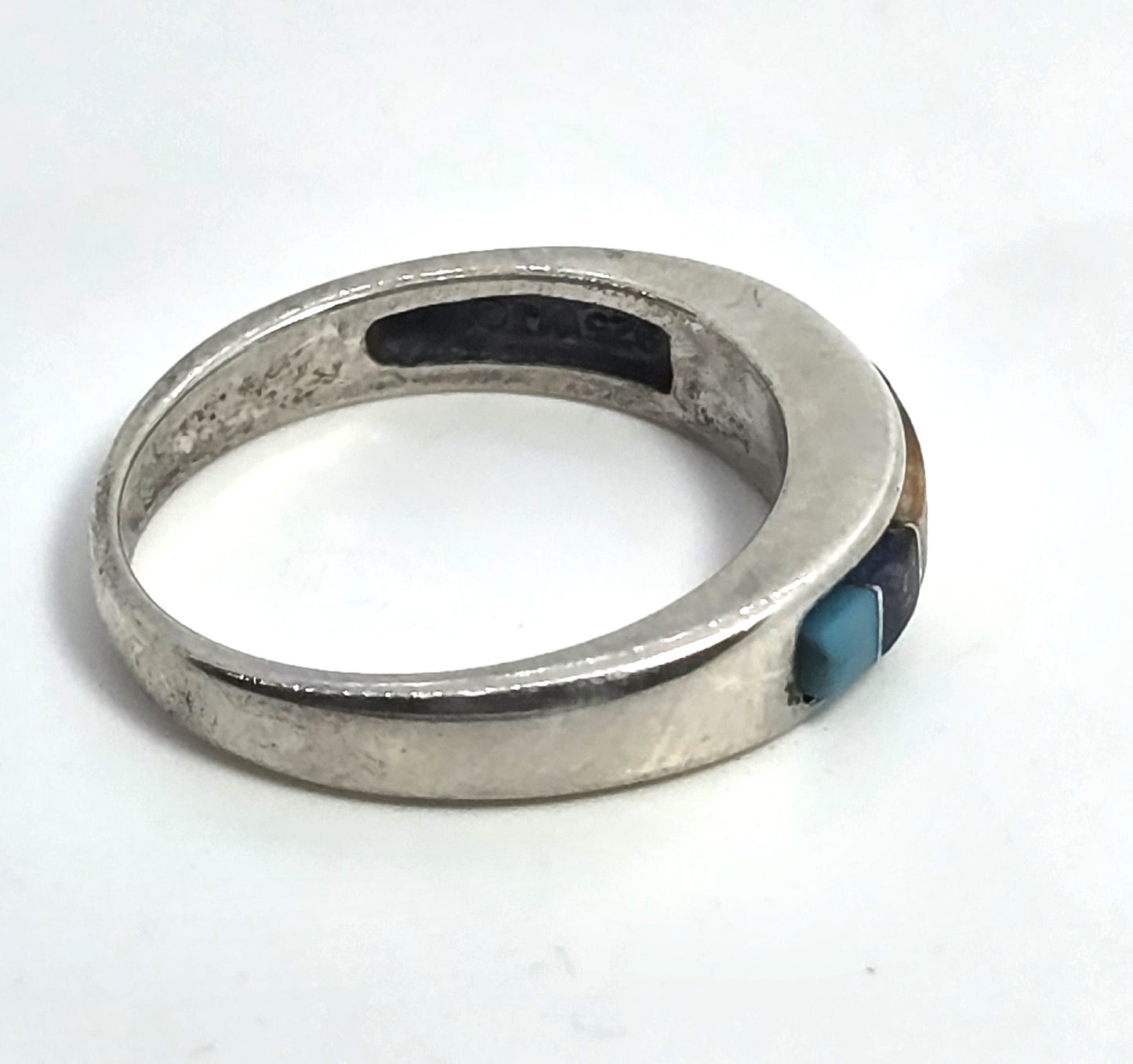 Multi Gemstone Inlay DWJC 925 Sterling Silver vintage ring band size 7