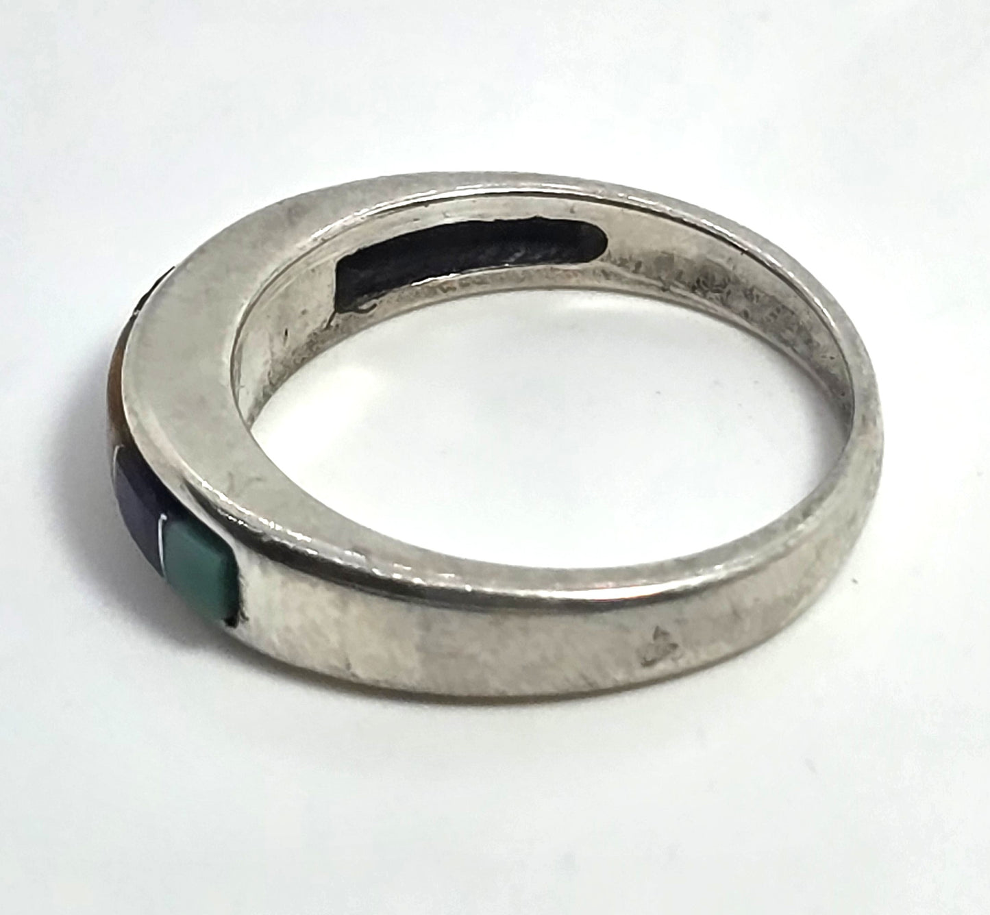 Multi Gemstone Inlay DWJC 925 Sterling Silver vintage ring band size 7