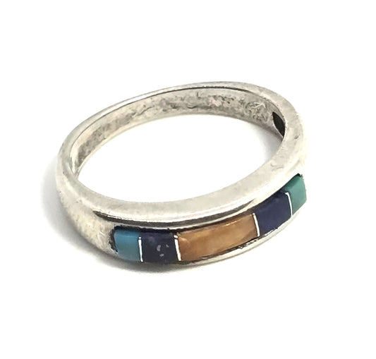Multi Gemstone Inlay DWJC 925 Sterling Silver vintage ring band size 7