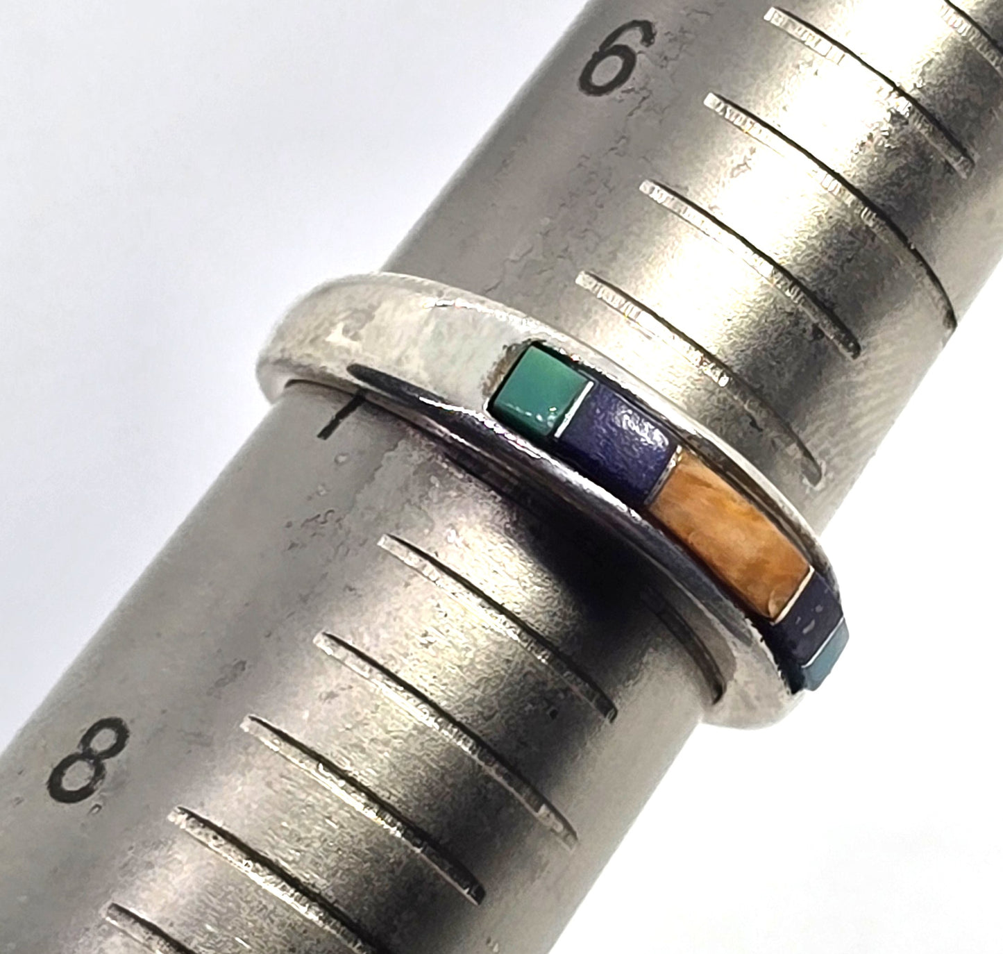 Multi Gemstone Inlay DWJC 925 Sterling Silver vintage ring band size 7