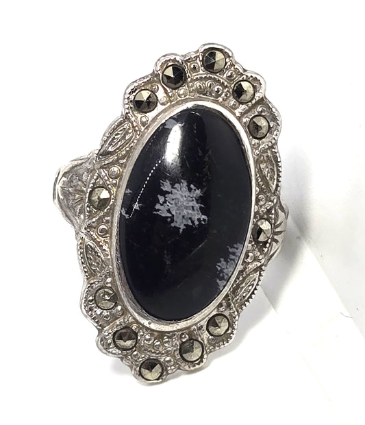 Uncas Art Deco Snowflake Obsidian marcasite Sterling Silver vintage ring size 6.5