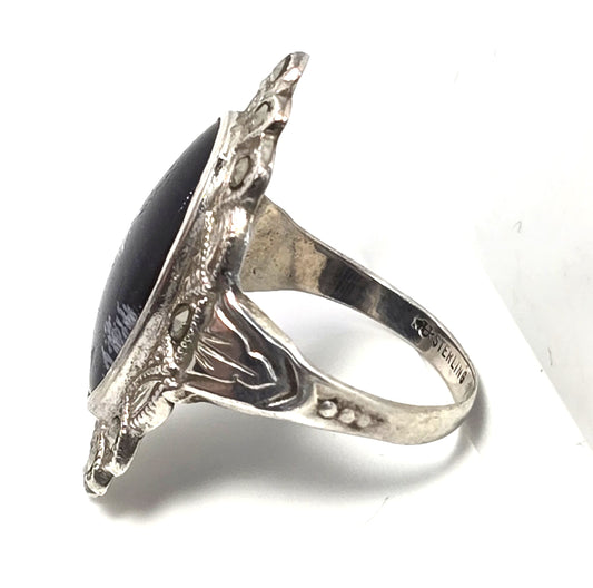 Uncas Art Deco Snowflake Obsidian marcasite Sterling Silver vintage ring size 6.5