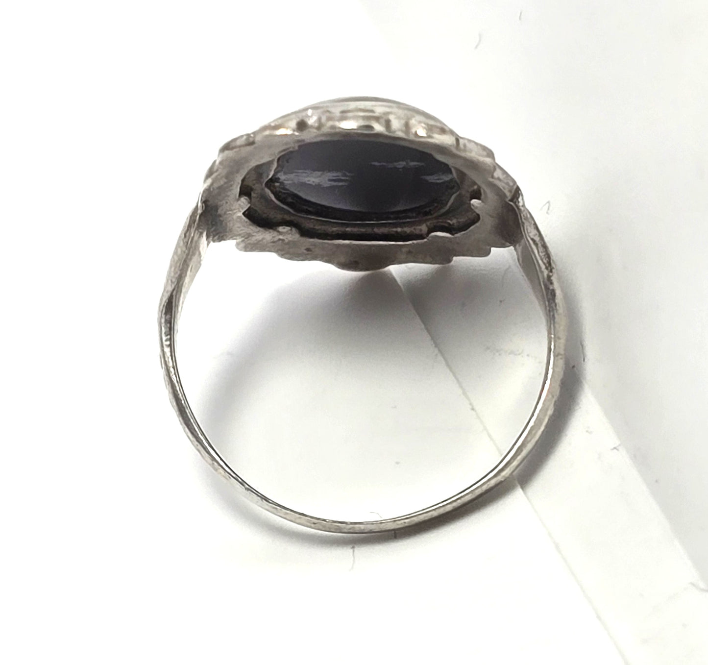 Uncas Art Deco Snowflake Obsidian marcasite Sterling Silver vintage ring size 6.5
