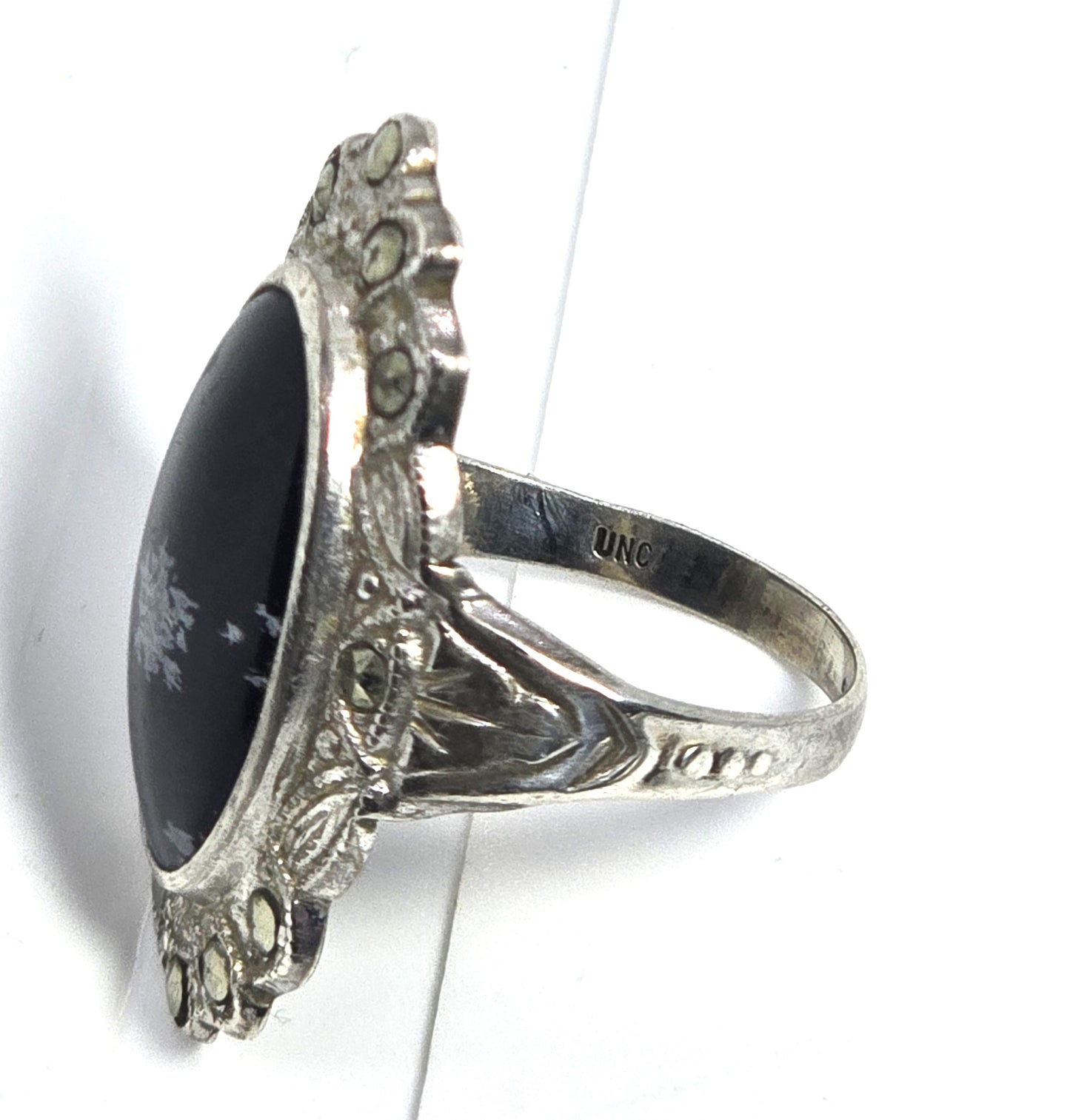 Uncas Art Deco Snowflake Obsidian marcasite Sterling Silver vintage ring size 6.5
