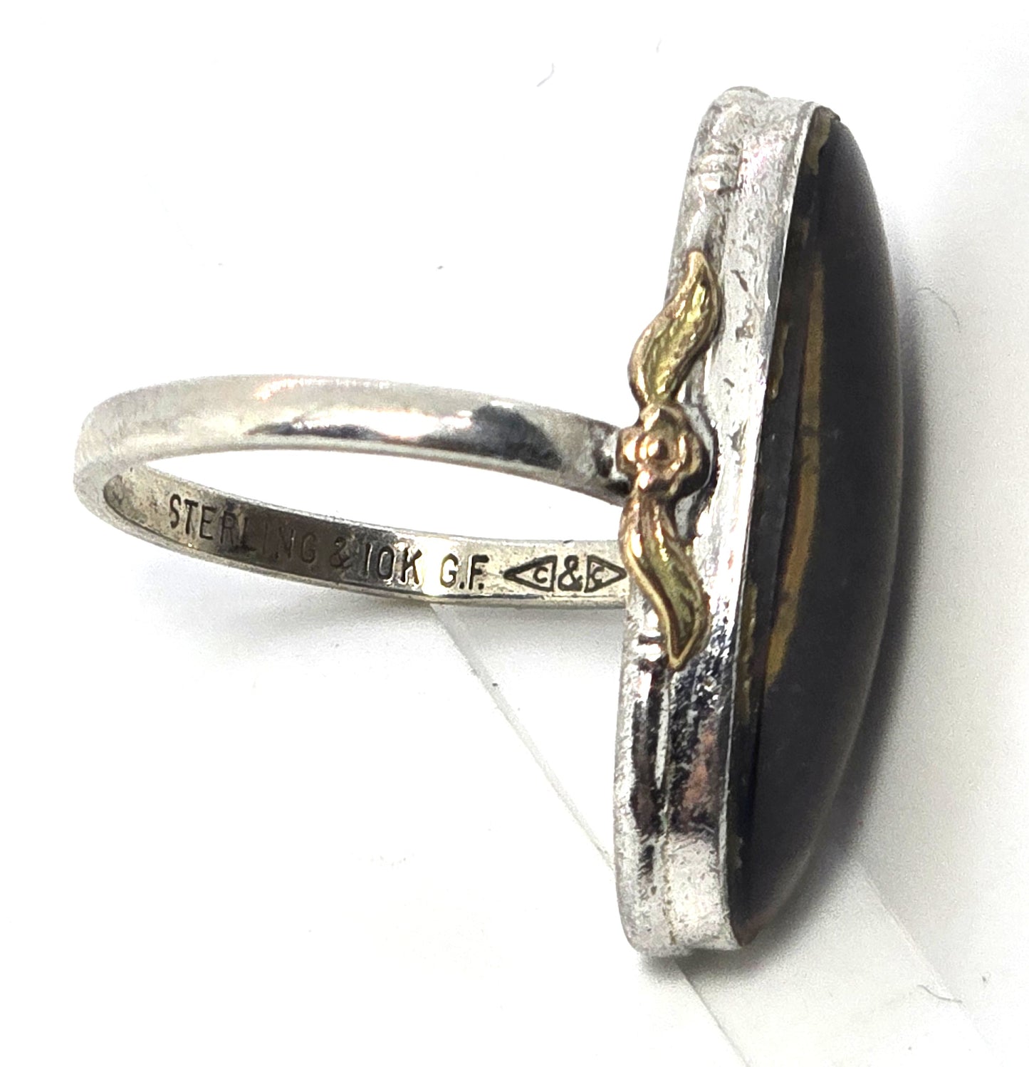 Art Deco Clarks and Coombs Tiger's Eye sterling silver GF antique ring size 7