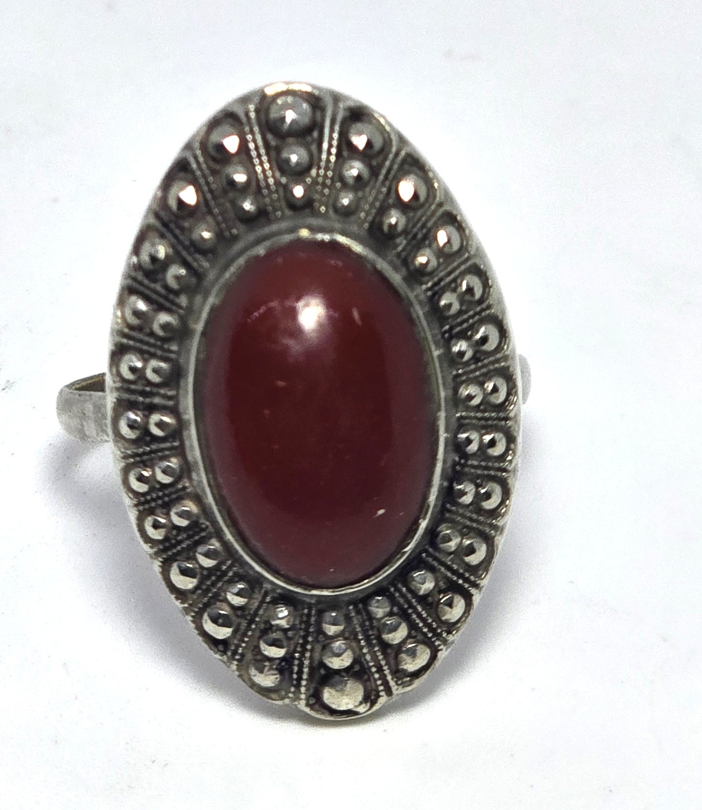 Art Deco Antique Carnelian marcasite rhodium vintage ring size 8.5