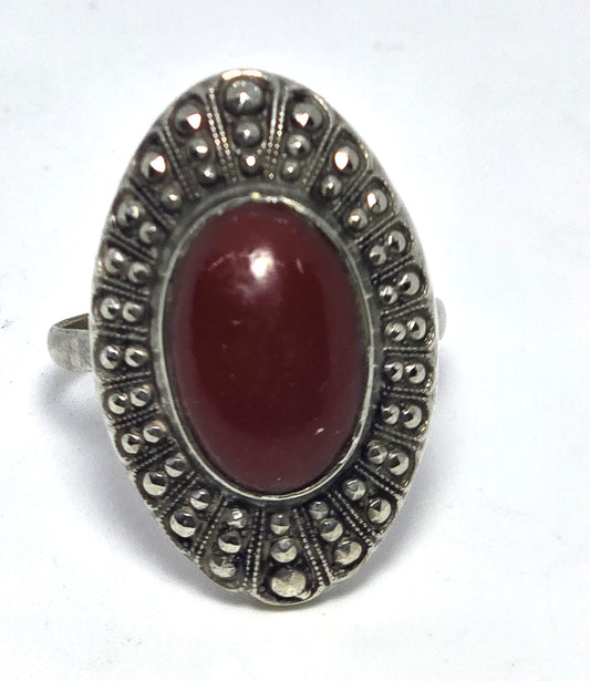 Art Deco Antique Carnelian marcasite rhodium vintage ring size 8.5