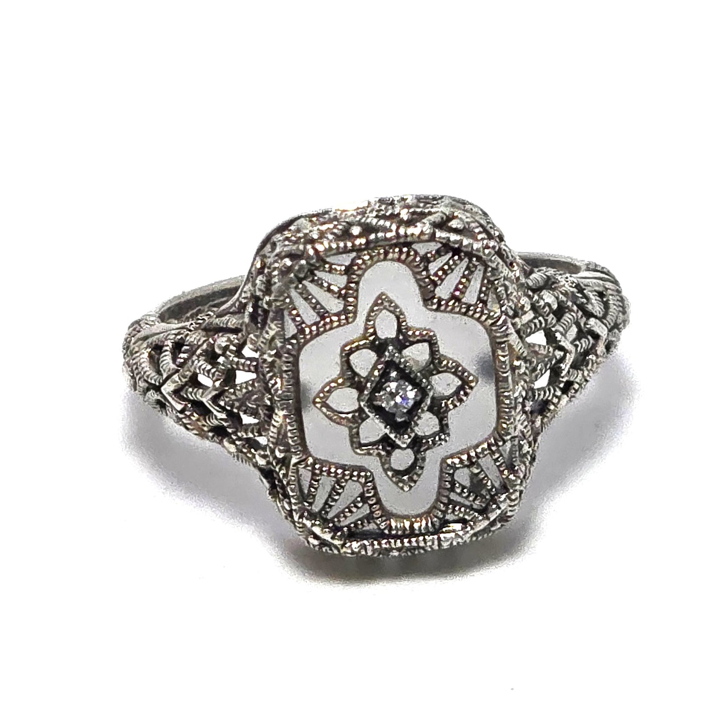 Camphor glass diamond Vintage company sterling silver filigree Ring size 6.5