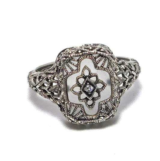 Camphor glass diamond Vintage company sterling silver filigree Ring size 6.5