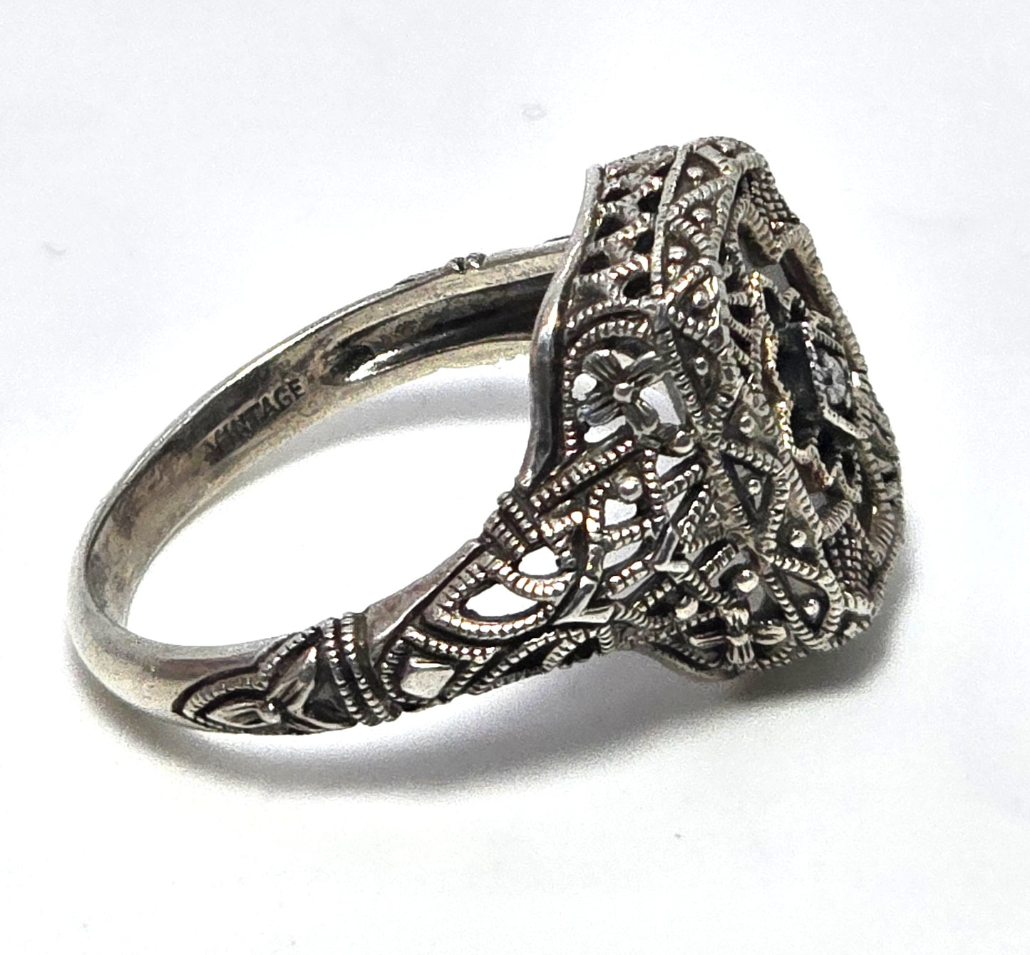 Camphor glass diamond Vintage company sterling silver filigree Ring size 6.5