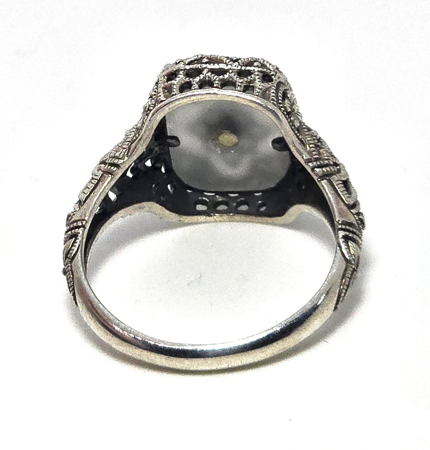 Camphor glass diamond Vintage company sterling silver filigree Ring size 6.5