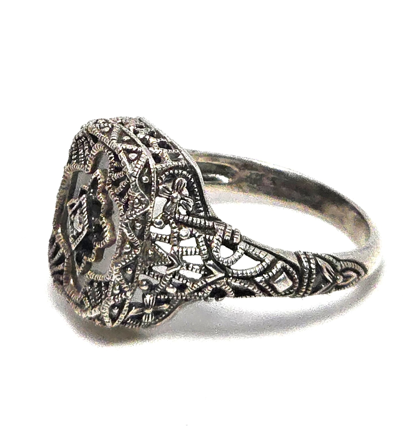 Camphor glass diamond Vintage company sterling silver filigree Ring size 6.5