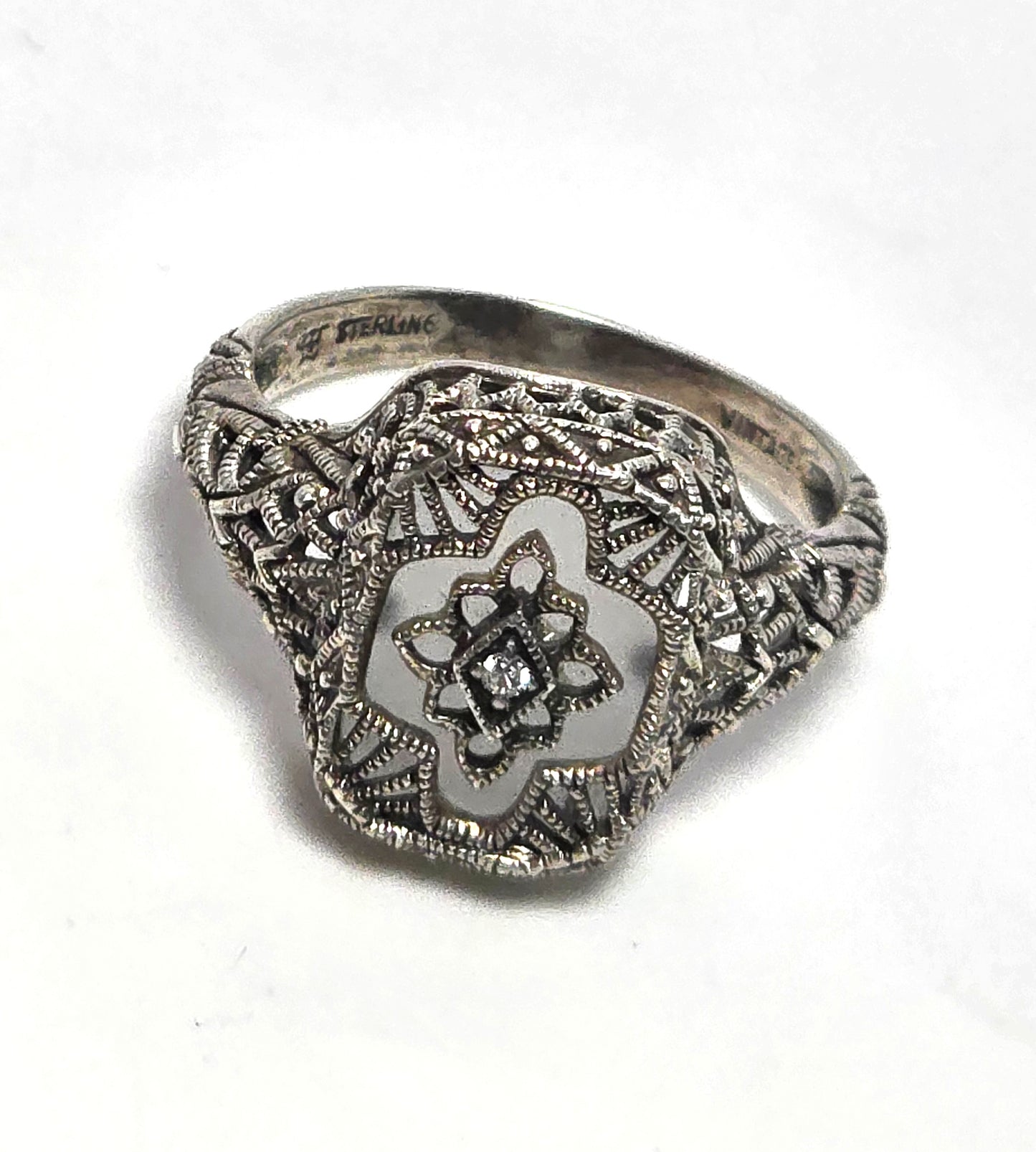 Camphor glass diamond Vintage company sterling silver filigree Ring size 6.5