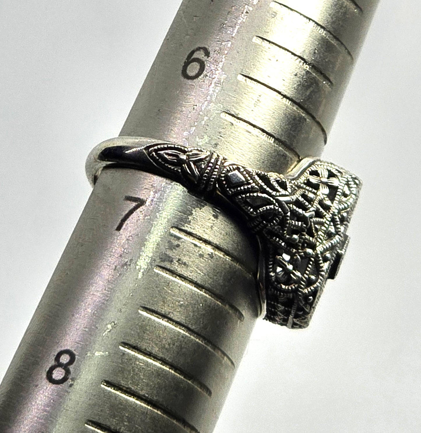 Camphor glass diamond Vintage company sterling silver filigree Ring size 6.5