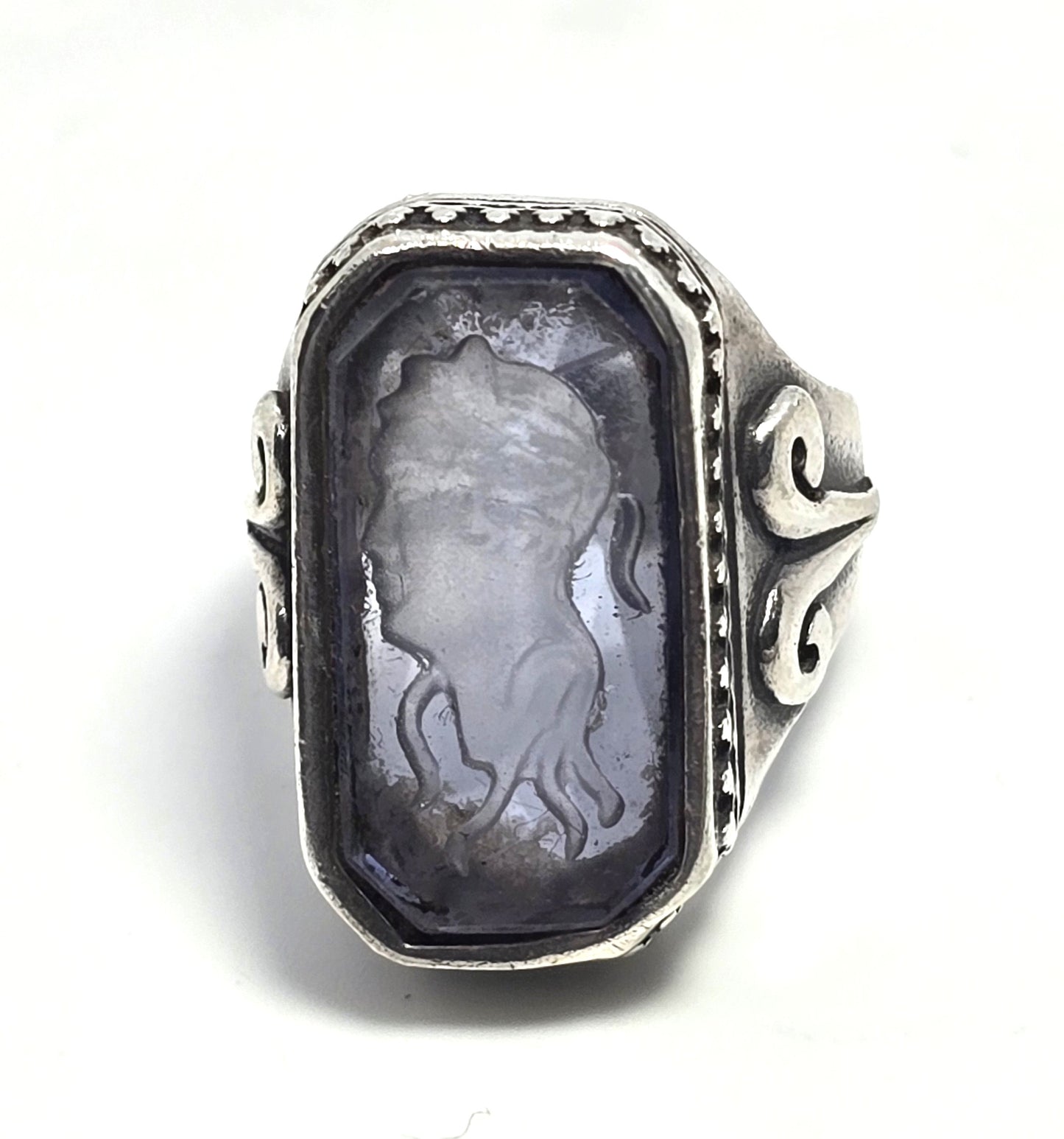 intaglio cameo Reverse Carved Amethyst Glass antique sterling silver ring size 6