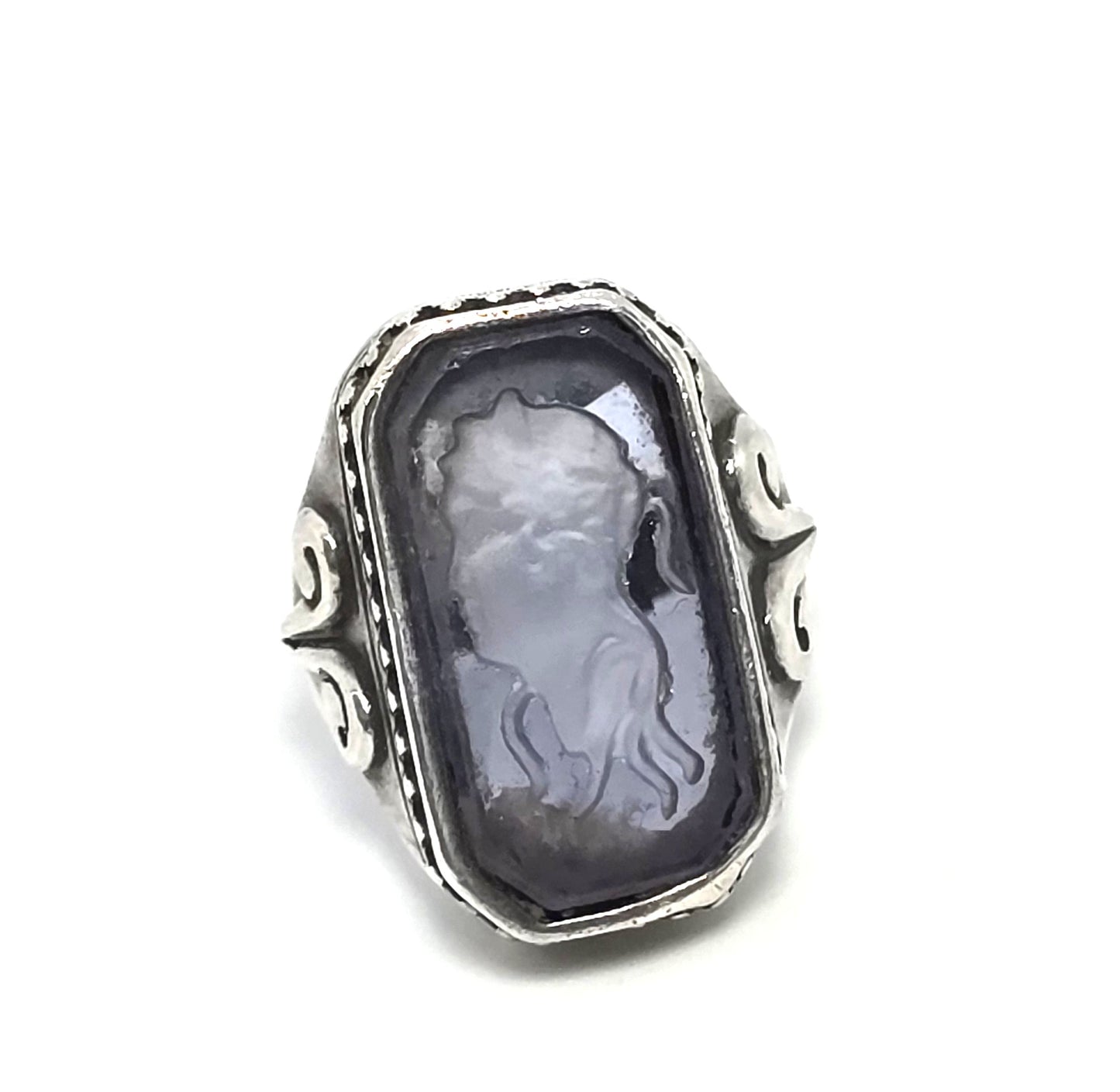 intaglio cameo Reverse Carved Amethyst Glass antique sterling silver ring size 6