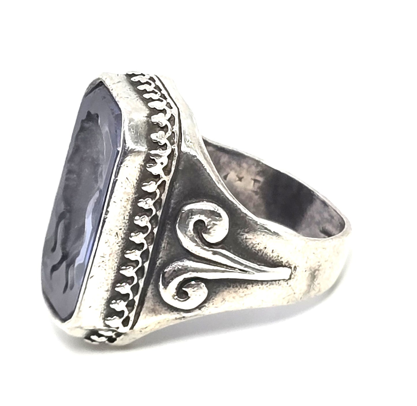 intaglio cameo Reverse Carved Amethyst Glass antique sterling silver ring size 6