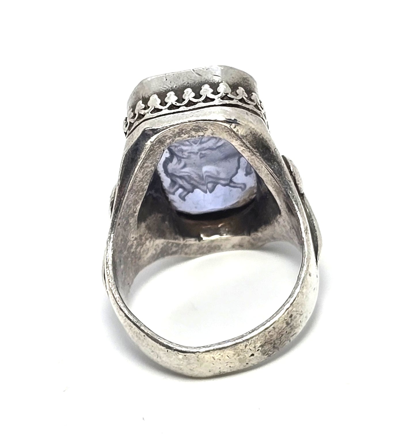 intaglio cameo Reverse Carved Amethyst Glass antique sterling silver ring size 6