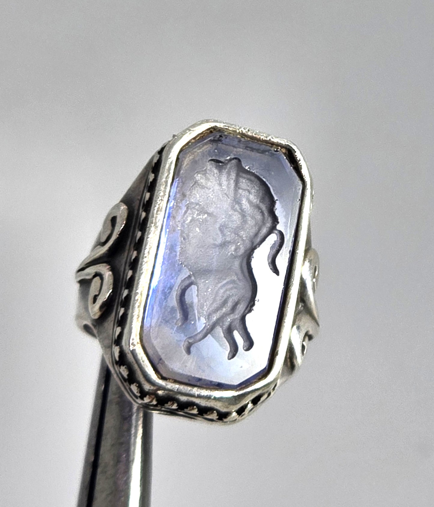 intaglio cameo Reverse Carved Amethyst Glass antique sterling silver ring size 6