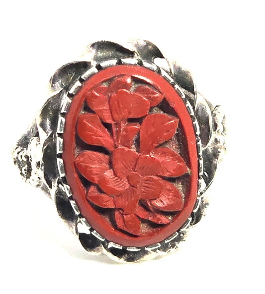 Cinnabar Chinese Export vintage sterling silver ring size 7