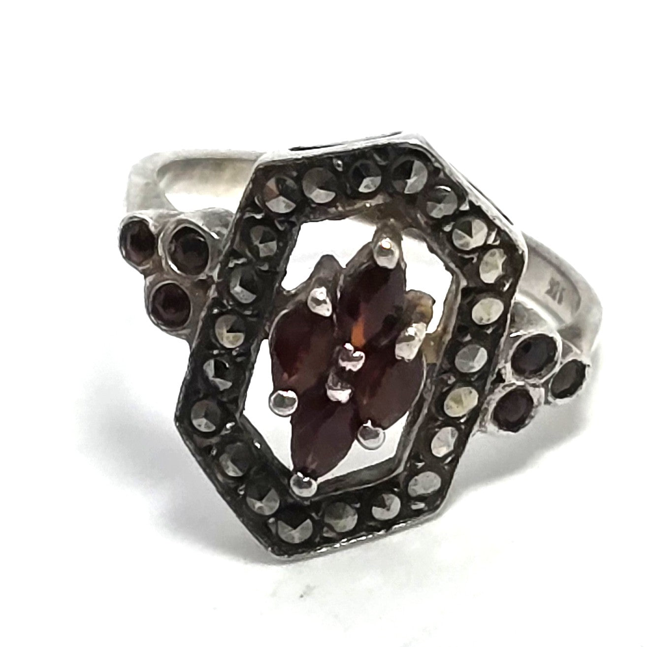 Red Garnet and Marcasite Art Deco style sterling silver framed ring size 5.5