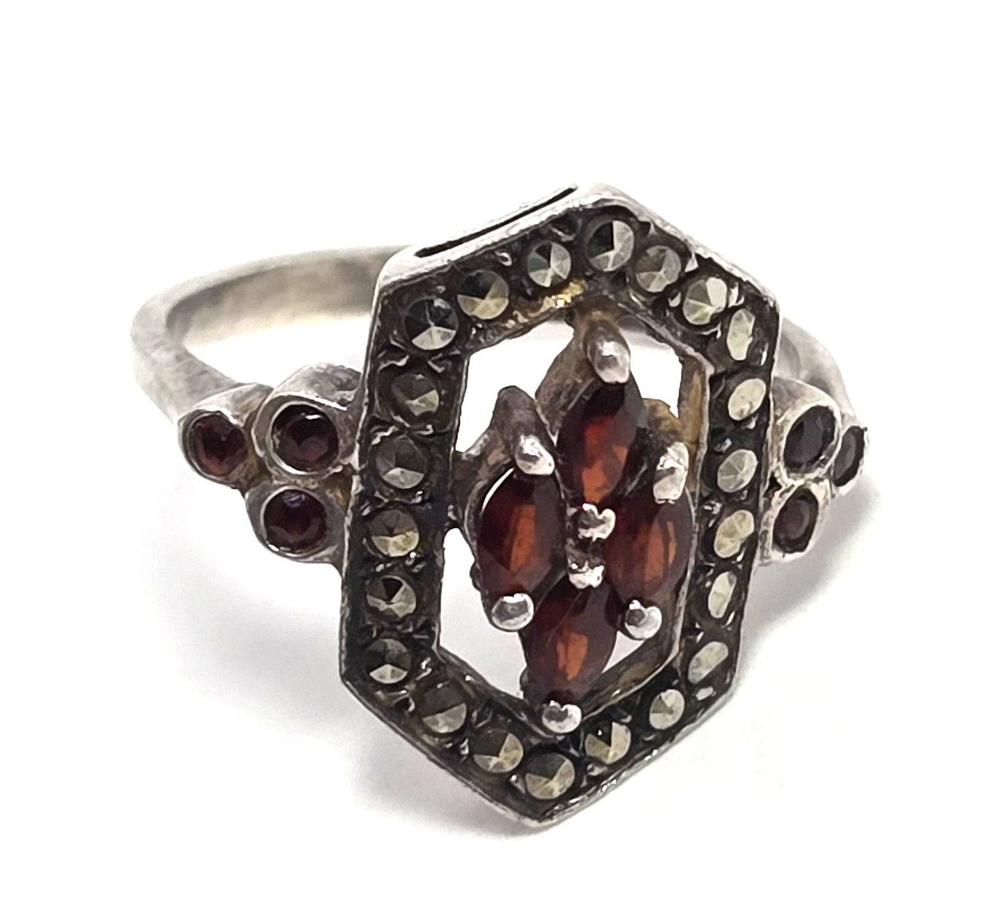 Red Garnet and Marcasite Art Deco style sterling silver framed ring size 5.5