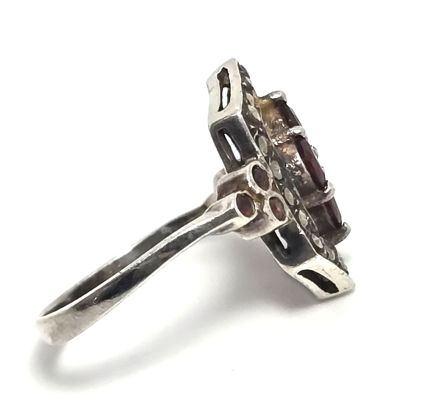 Red Garnet and Marcasite Art Deco style sterling silver framed ring size 5.5