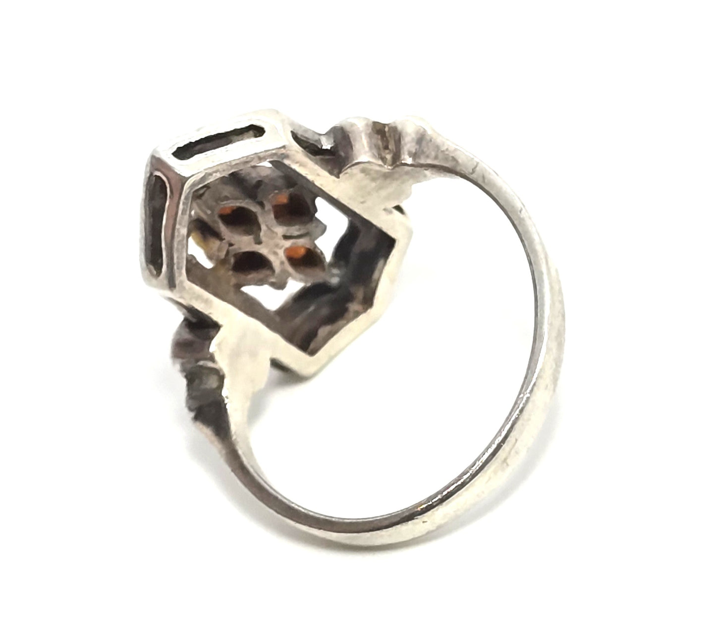 Red Garnet and Marcasite Art Deco style sterling silver framed ring size 5.5
